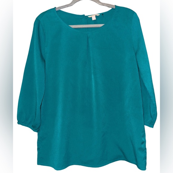 ESPRIT Pleated Teal 3/4 Sleeve Blouse Elastic Cuff Women Size 8 Gold Button Back - Picture 1 of 6